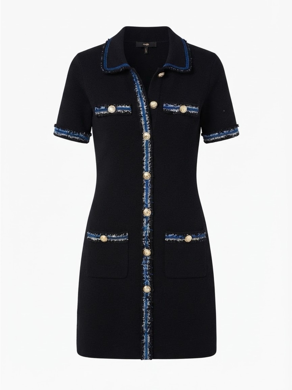 Maje Black Mini Dress with Blue Trim